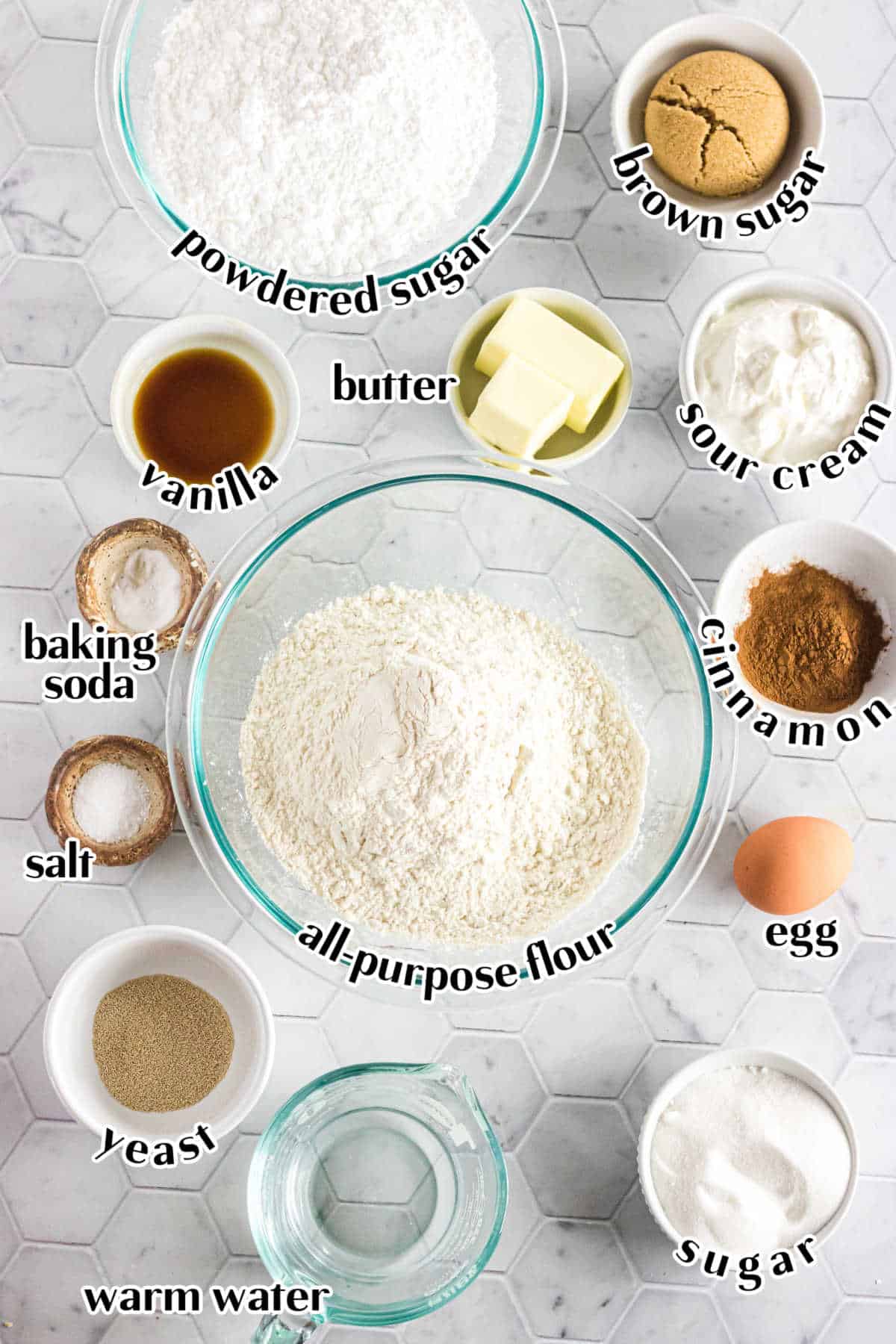 Labeled ingredients for the sour cream cinnamon rolls recipe.