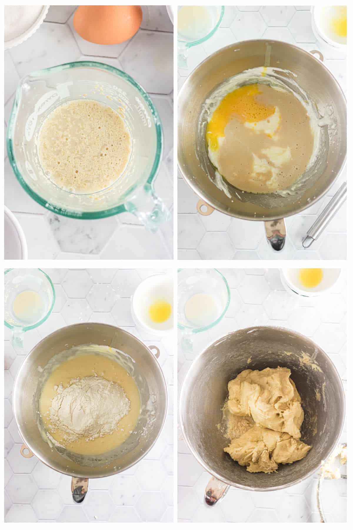 Step by step images showing how to make the dough for cinnamon rolls.