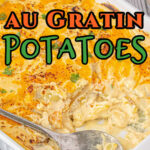 A dish of potatoes au gratin with a title text overlay for Pinterest.