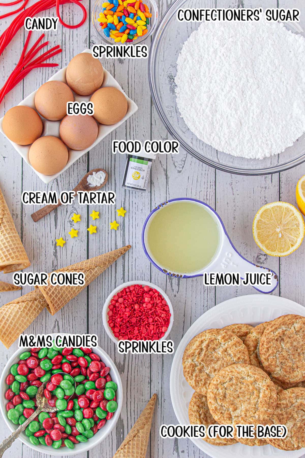 Labeled ingredients for Sugar Cone Christmas Trees.