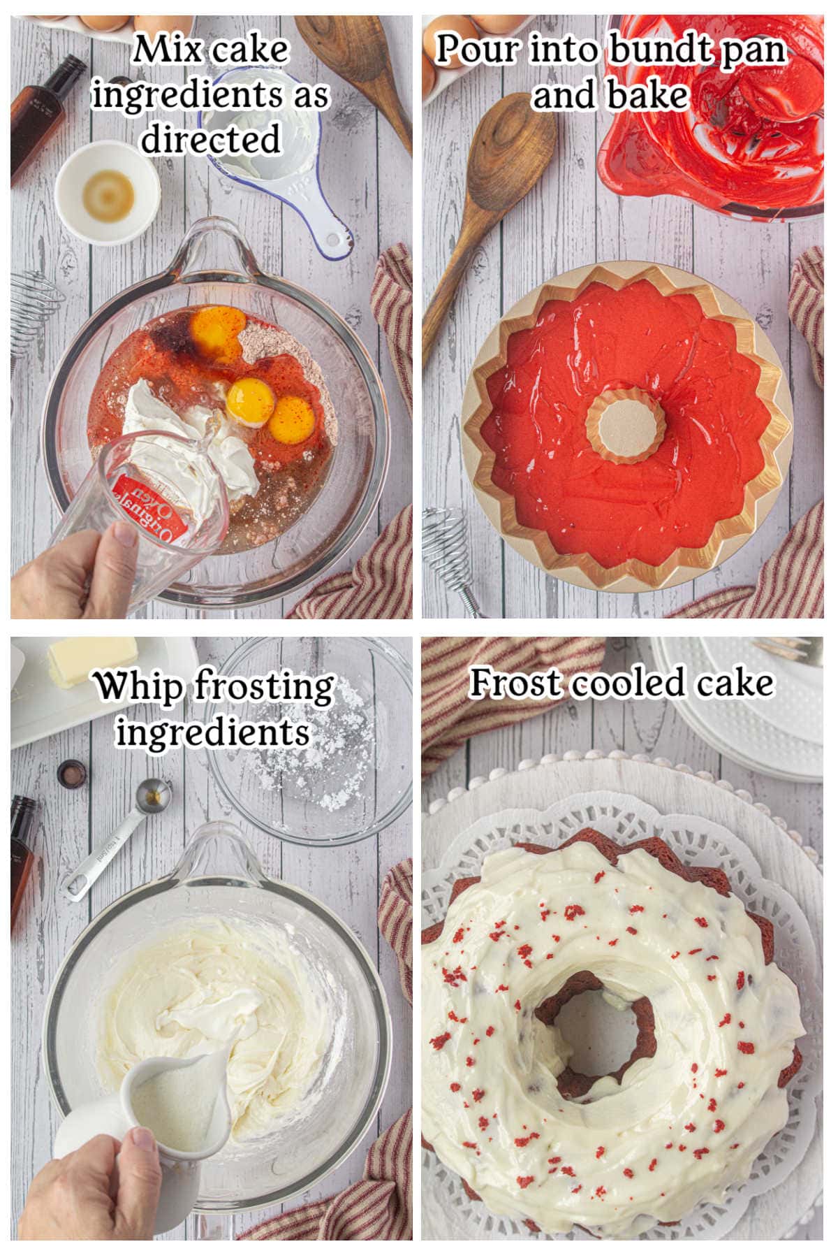 Step by step images showing how to make red velvet bundt cake.