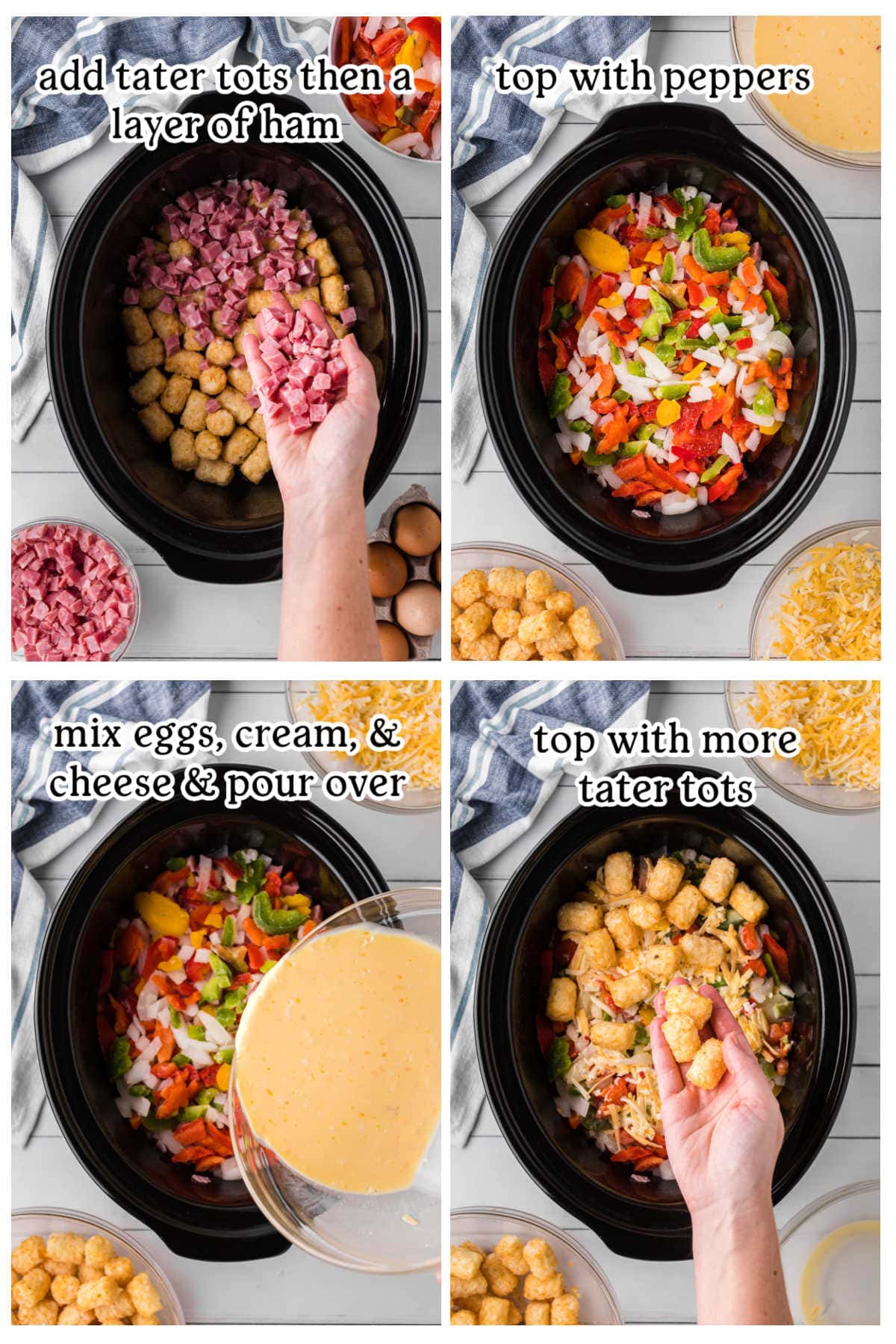 Four overhead images of a crockpot and ingredients with text overlay highlighting the main recipe steps.