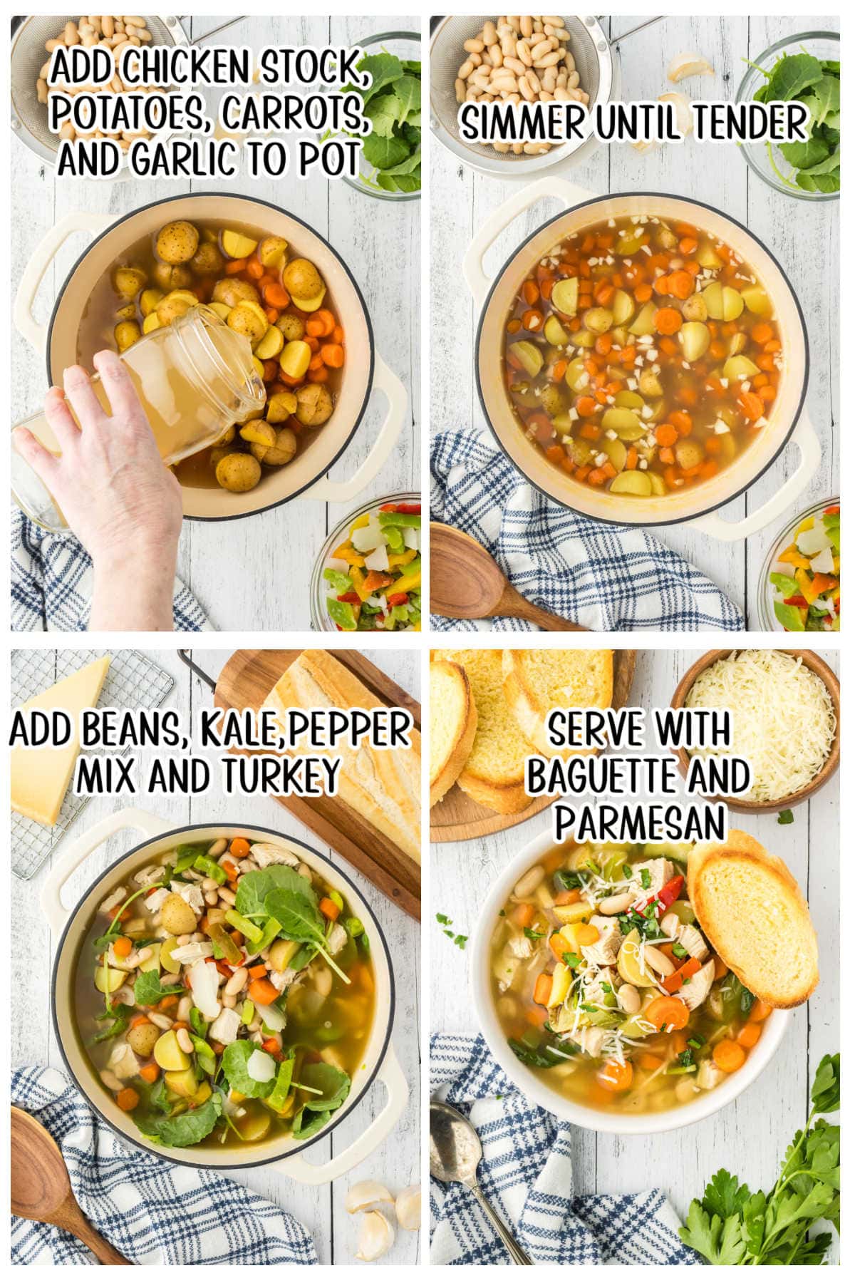Four overhead images of a stock pot and soup ingredients in a grid, each illustrating a main step to make Tuscan turkey soup. Each photo has text overlay describing what is listed in the instructions below the image.