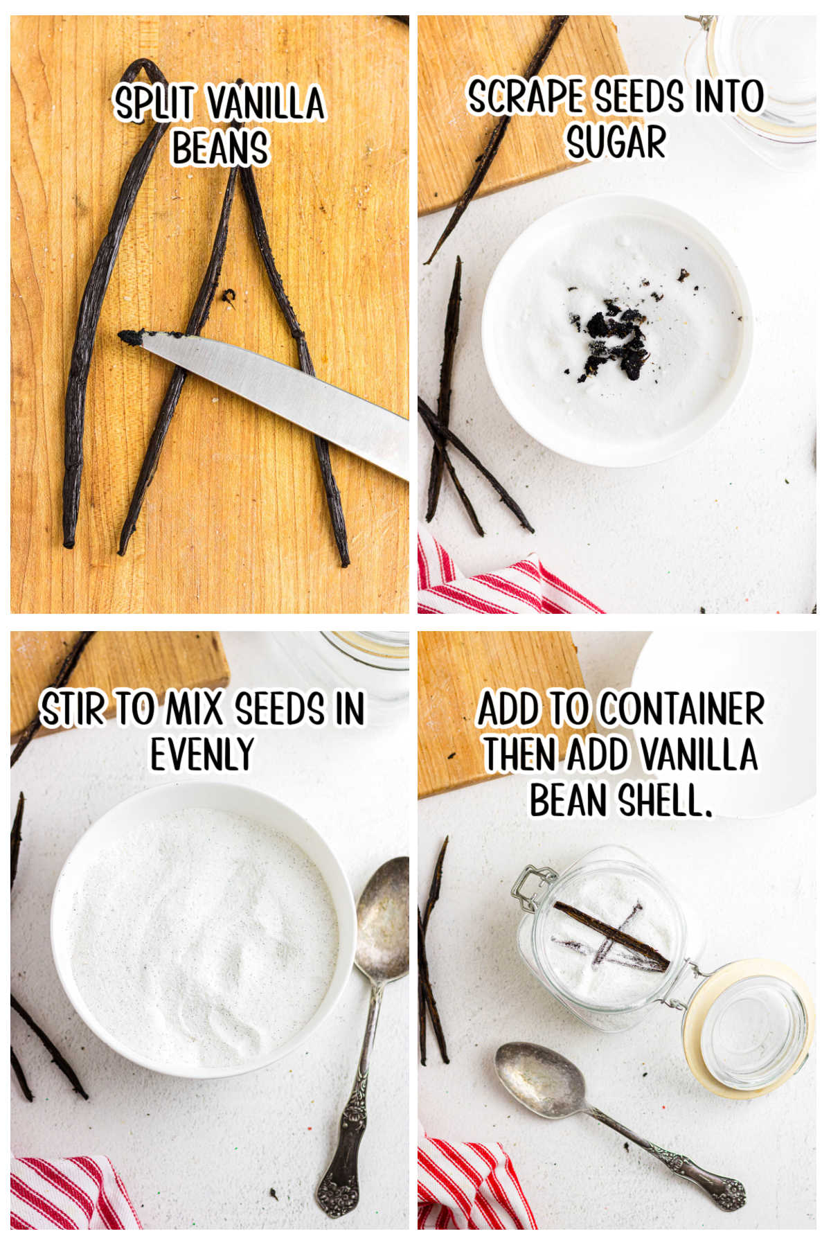 Four overhead images in a grid with text overlay. 1) A knife splitting vanilla beans in half. 2) The vanilla beans seeds in a bowl with white sugar. 3) The sugar and black seeds stirred together. 4) The sugar and vanilla bean pods in a lidded mason jar.