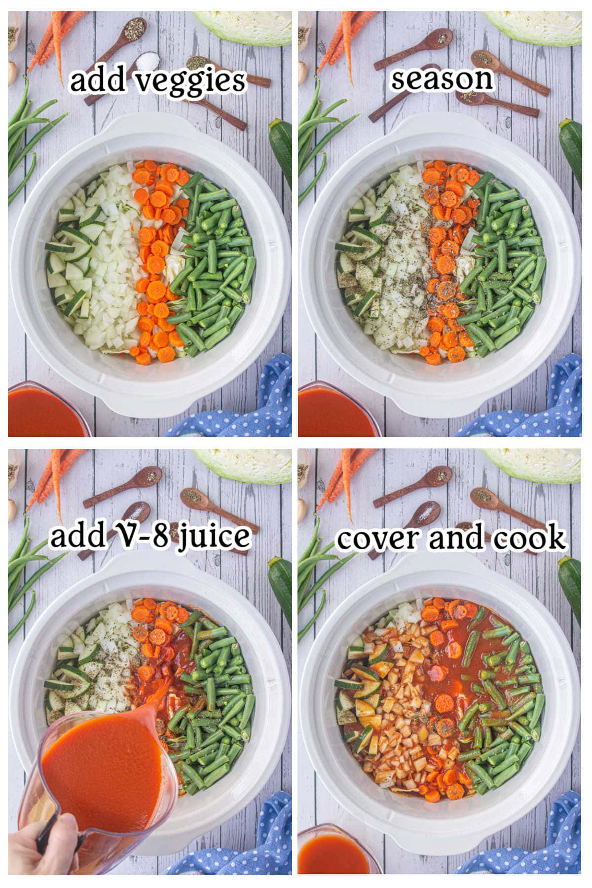 Four overhead images of ingredients in a slow cooker with text overlay depicting the main recipe steps.