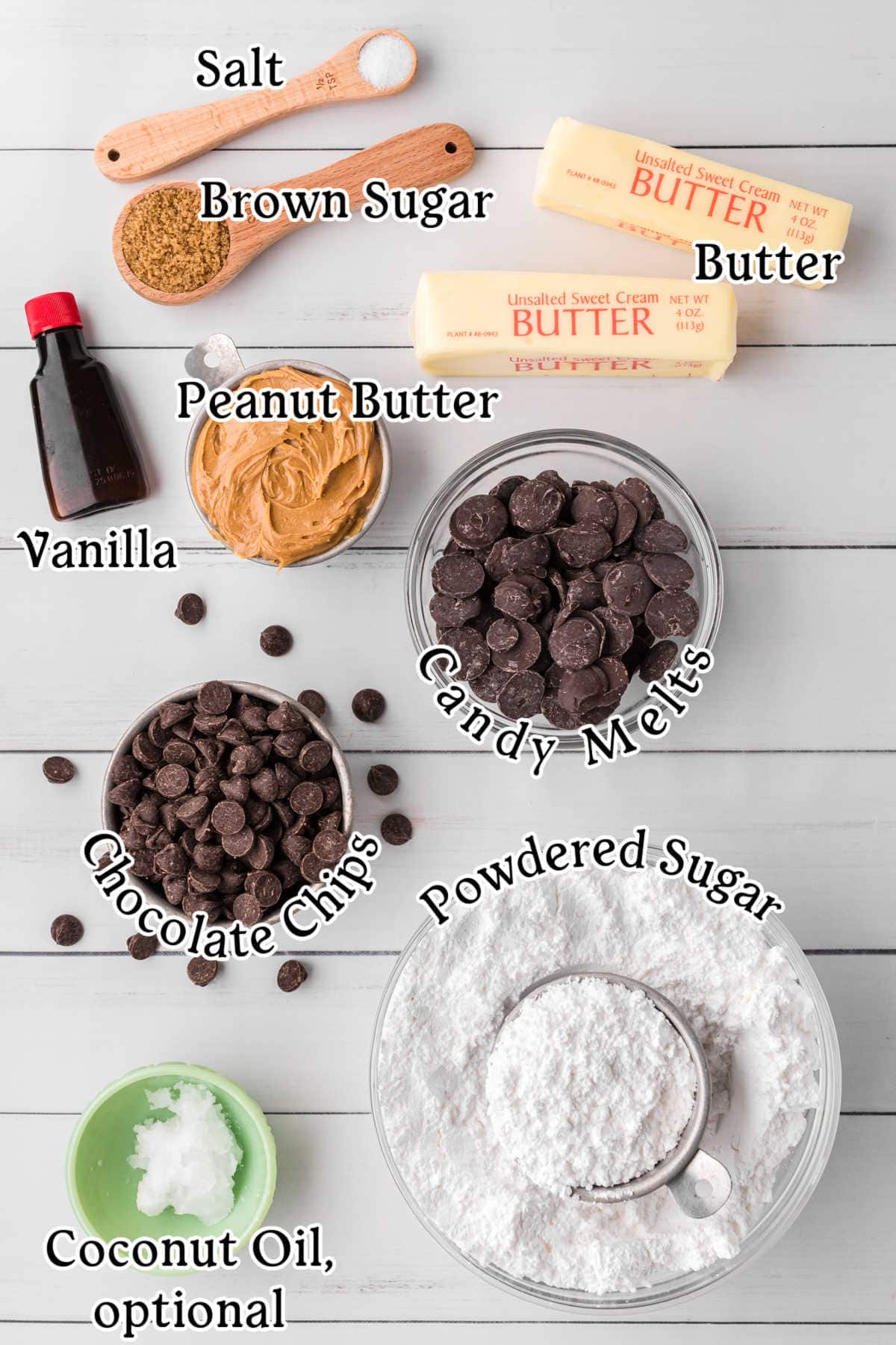 An overhead photo with text overlay of the main ingredients, including peanut butter, sugar, chocolate, and butter.