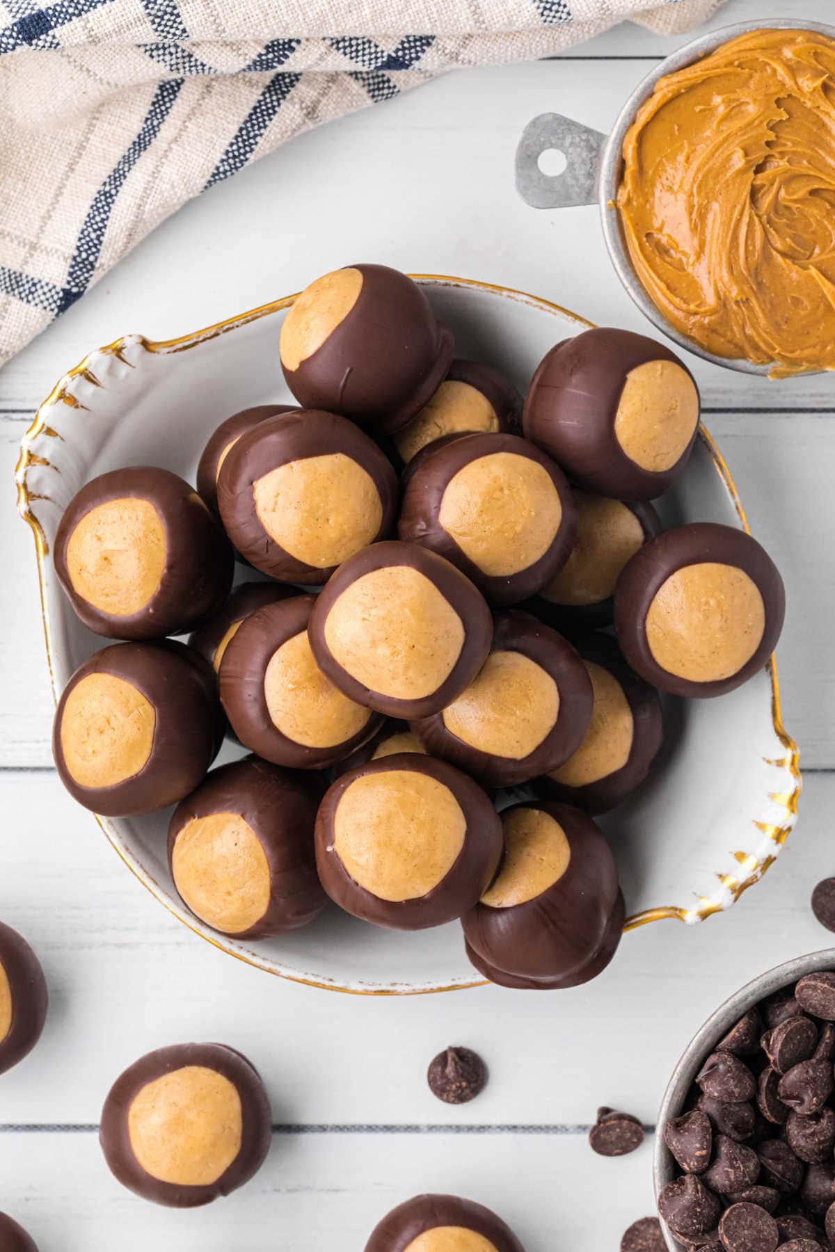 An overhead photo of buckeyes (peanut butter balls coated in chocolate.)