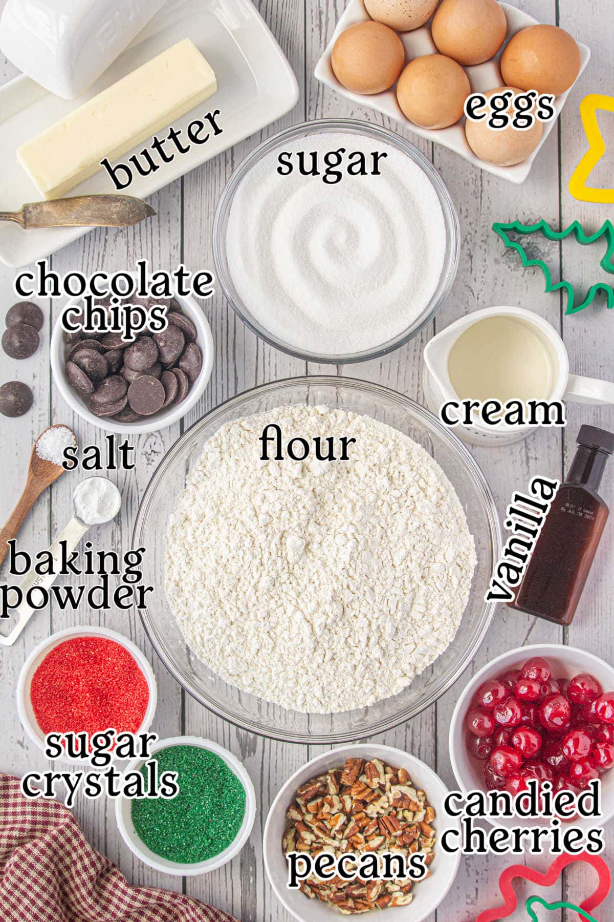 An overhead photo of the cookie dough ingredients with text overlay. 