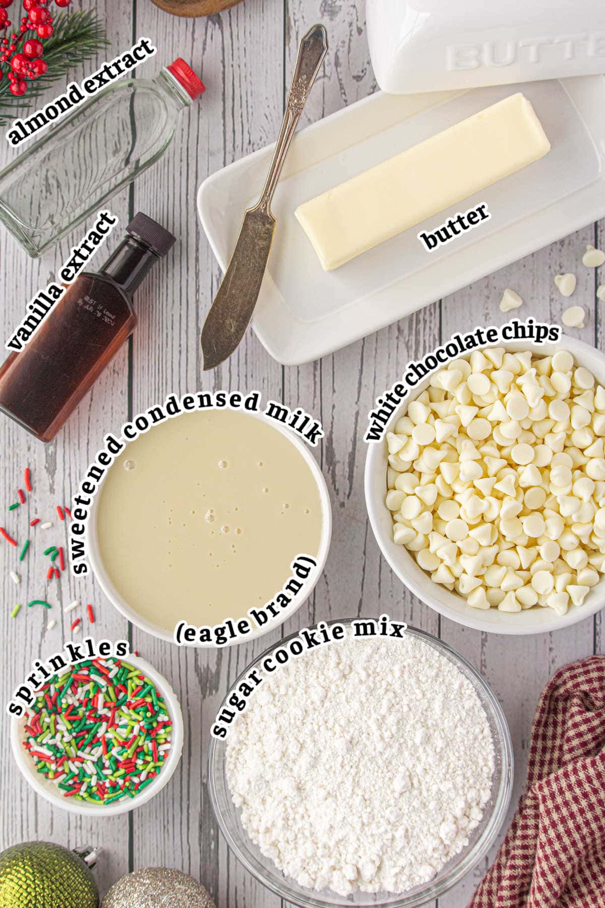 An overhead photo with text overlay of the fudge ingredients in small bowls or bottles.