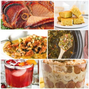 A collage of traditional Southern foods to be eaten on New Years Day.