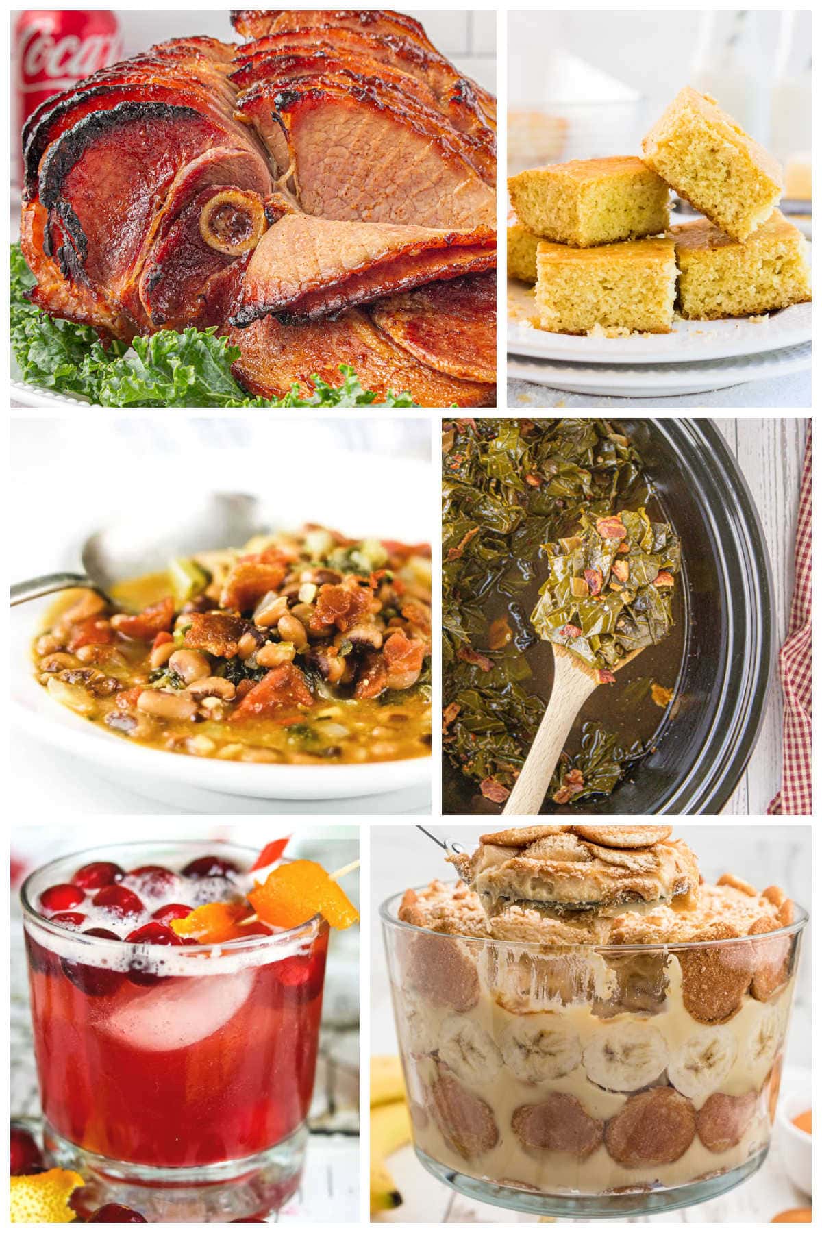 A collage of images of ham, cornbread, black-eyed pea soup, collards, and more traditional New Year's Day foods.