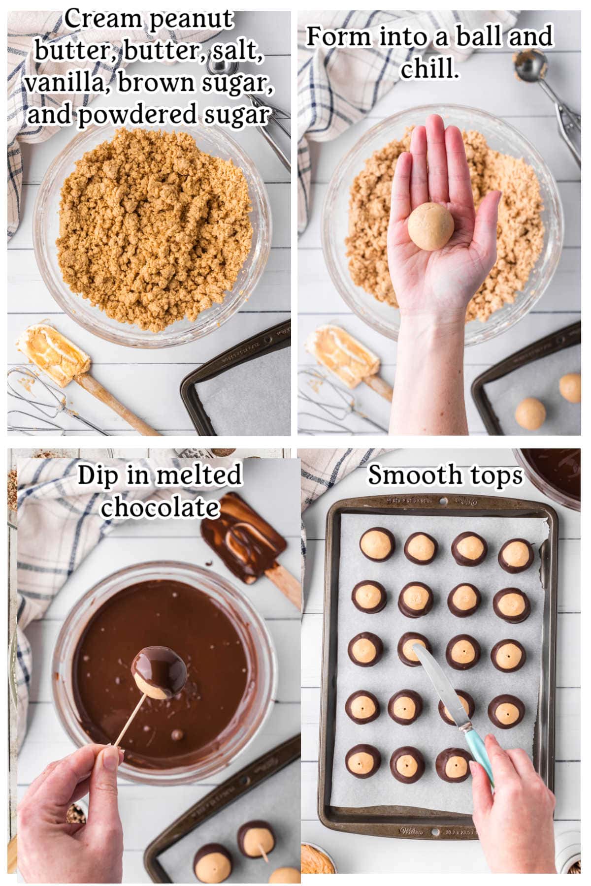 Four overhead images with text overlay illustrating the main recipe steps. 