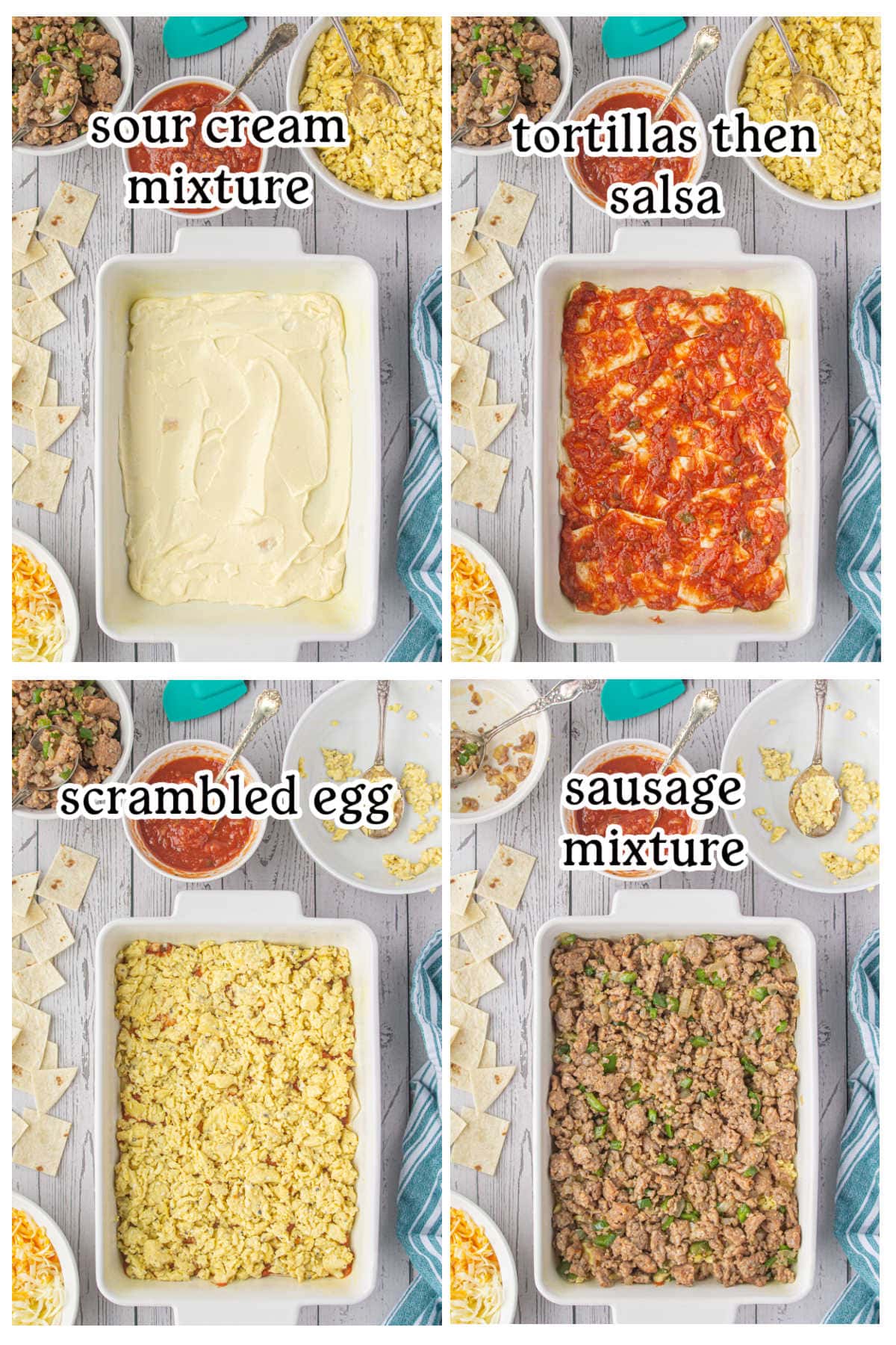 Four overhead images with text overlay depicting the main recipe steps.