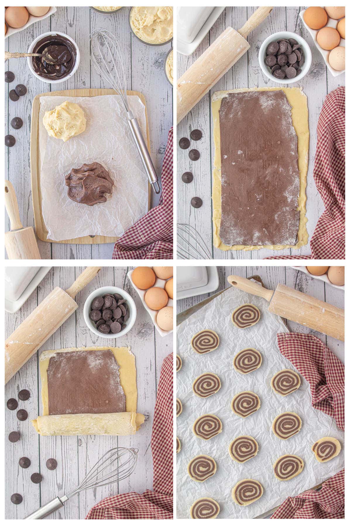 Four overhead images showing how to assemble pin wheel cookies.