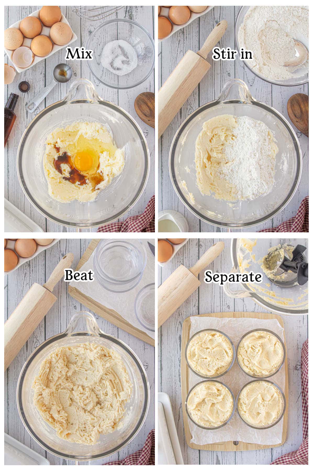Four overhead images with text overlay of the sugar cookie dough ingredients coming together.
