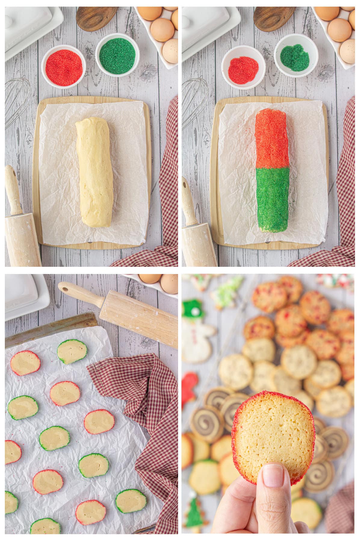 Four overhead images showing how to add colorful sugar crystals to the edges of sugar cookies.