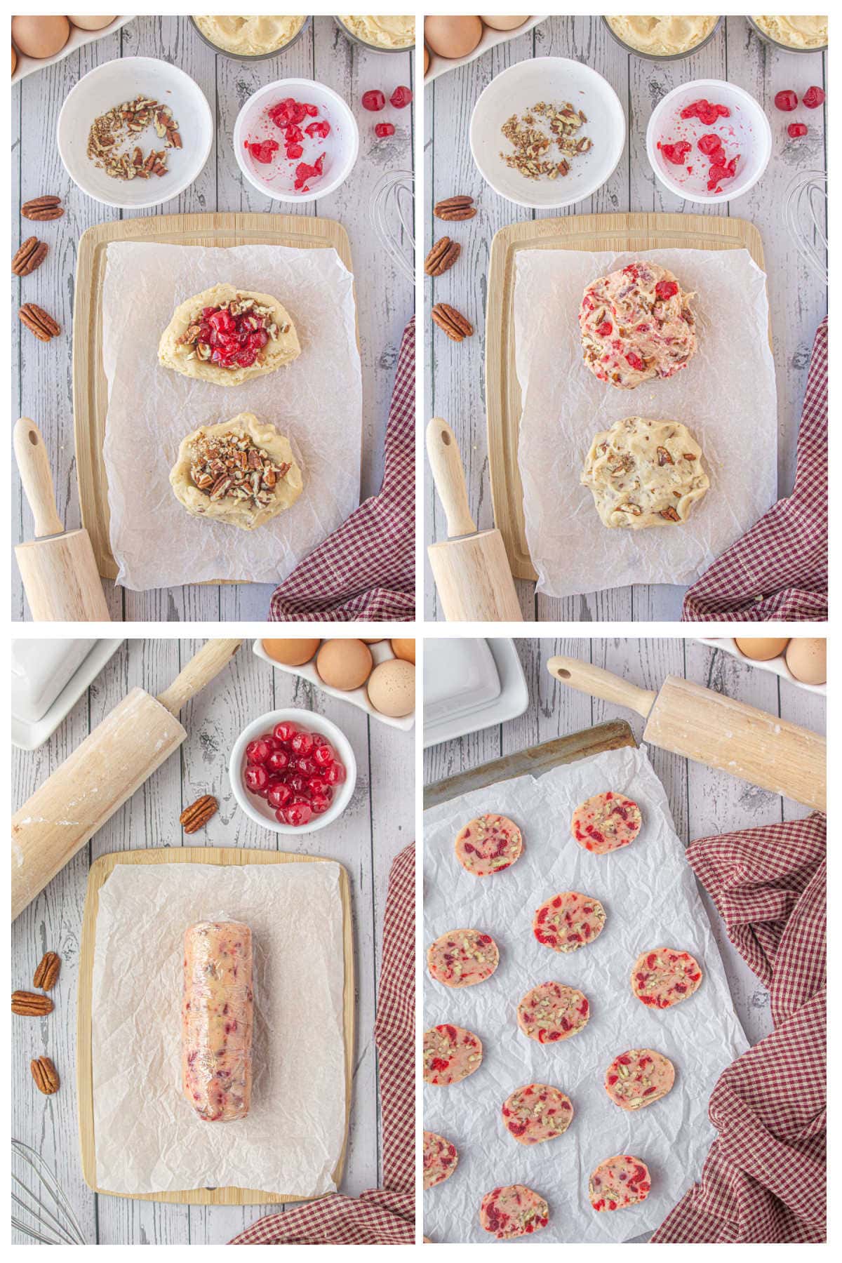 Four overhead images showing how to mix, roll, and slice pecan cherry cookies.