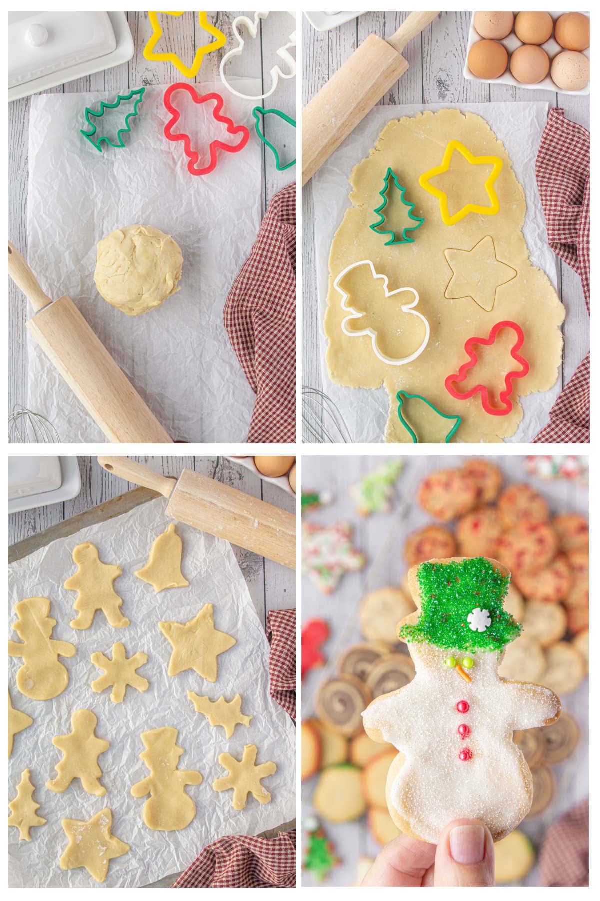 Four overhead images depicting the instructions to stamp, form, and decorate shaped sugar cookies.