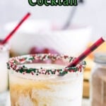 A glass filled with layers of dark and white cocktail with a title text overlay for Pinterest.