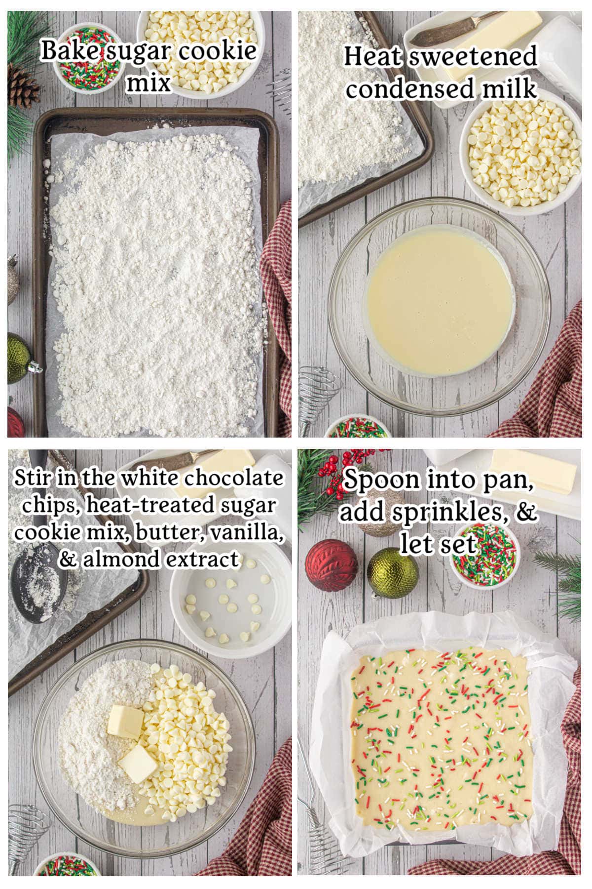 Four overhead images with text overlay depicting various steps to prepare and make the Christmas cookie fudge.