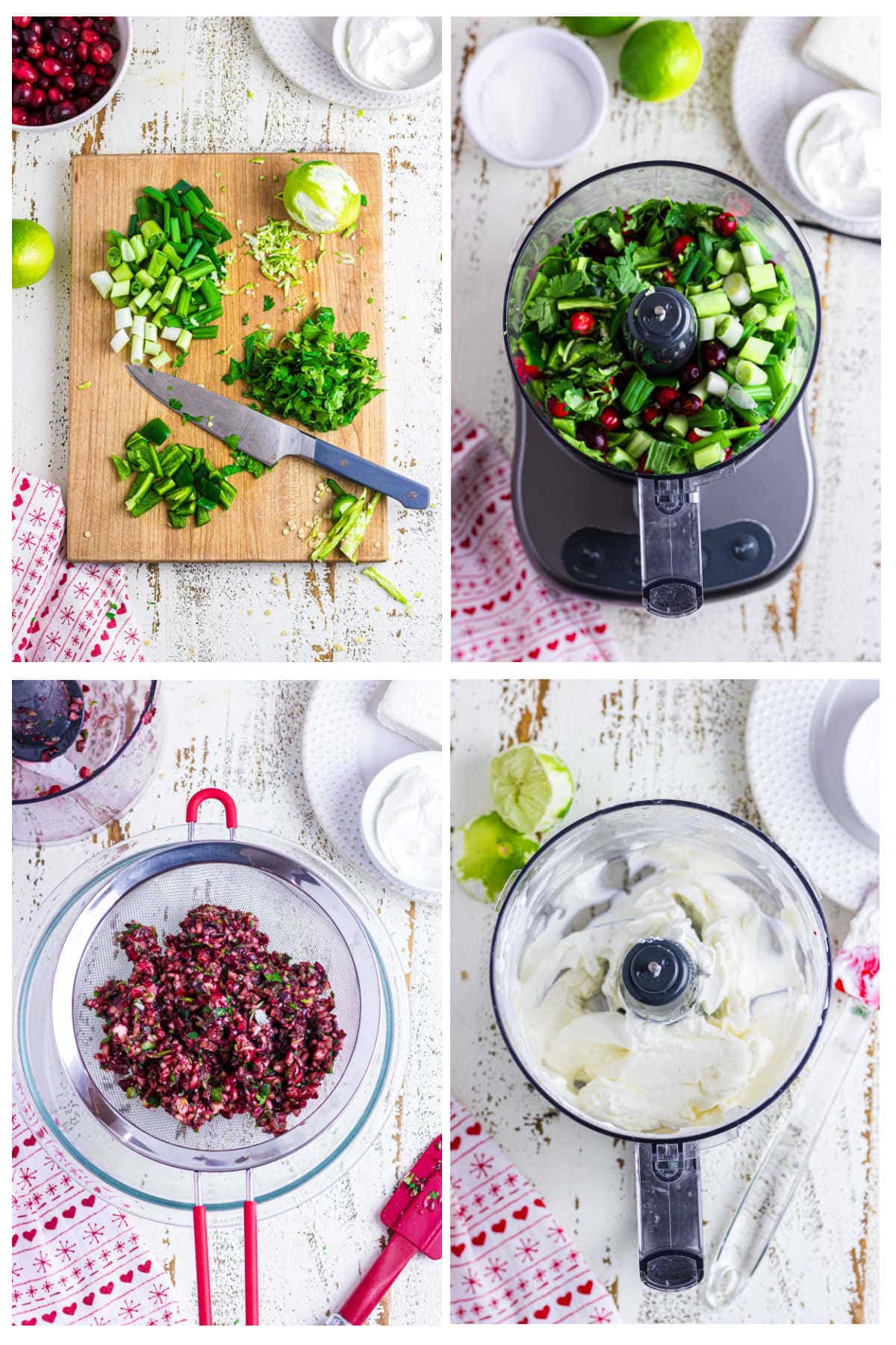 Four overhead images depicting the main recipe steps to prepare ingredients, blend, and combine the dip.