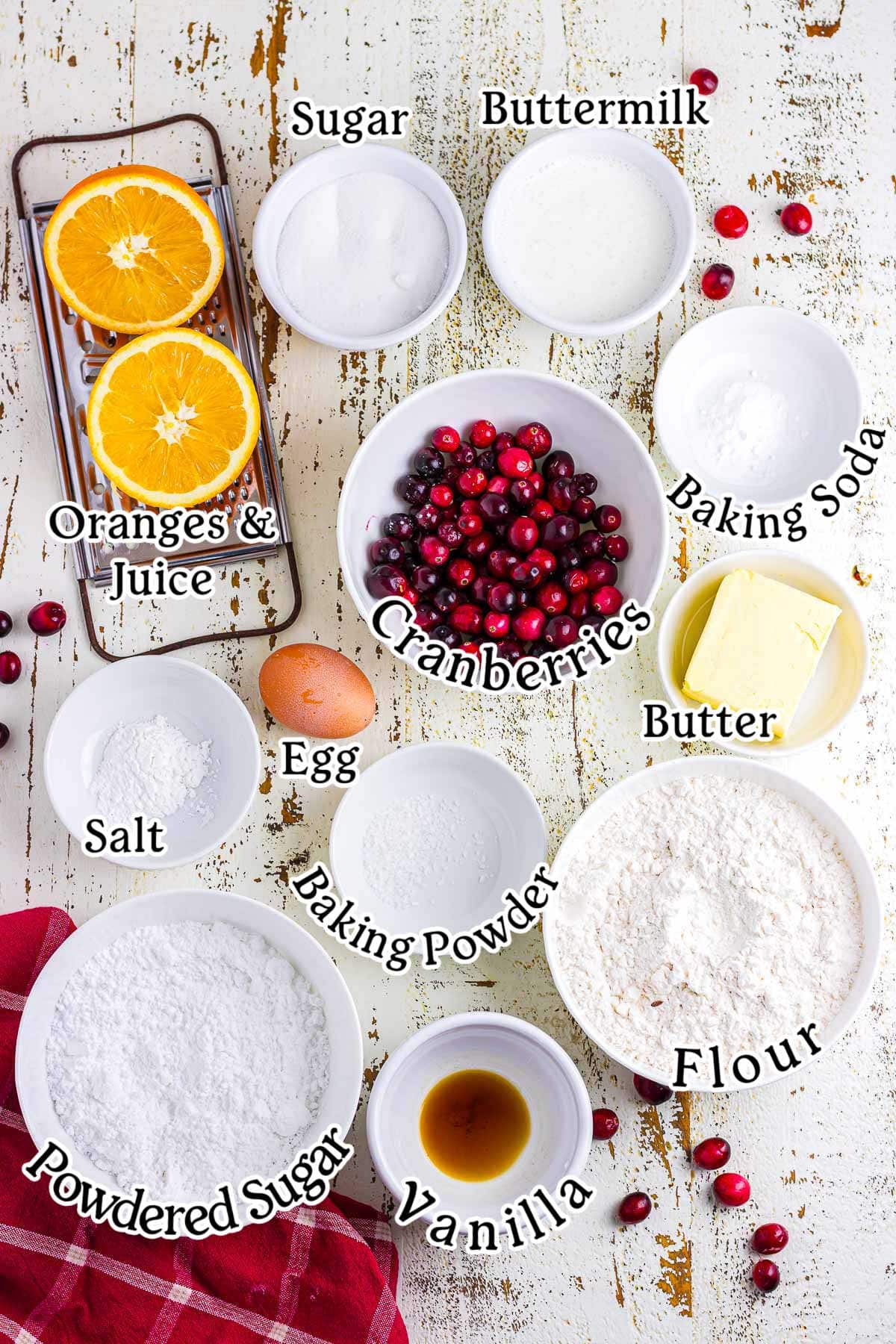 An overhead photo with text overlay showing the ingredients used in this scone recipe.
