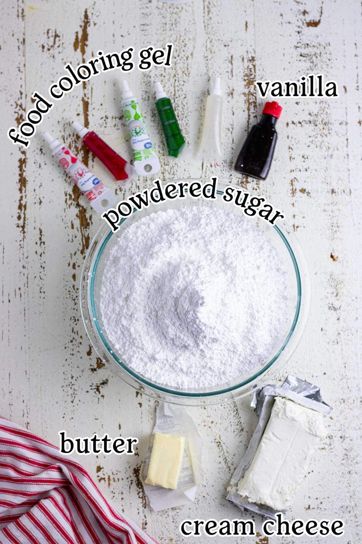 An overhead image with text overlay showing the main recipe ingredients.