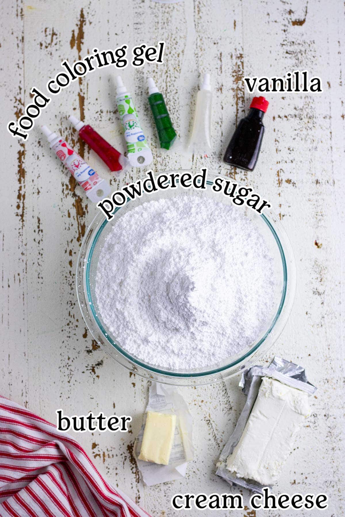 An overhead image with text overlay showing the main recipe ingredients.
