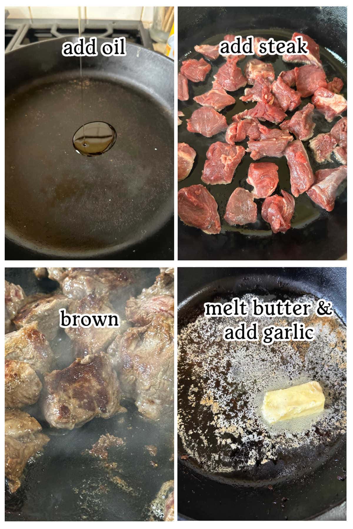 Four images in a grid with text overlay, depicting the main recipe instruction steps.