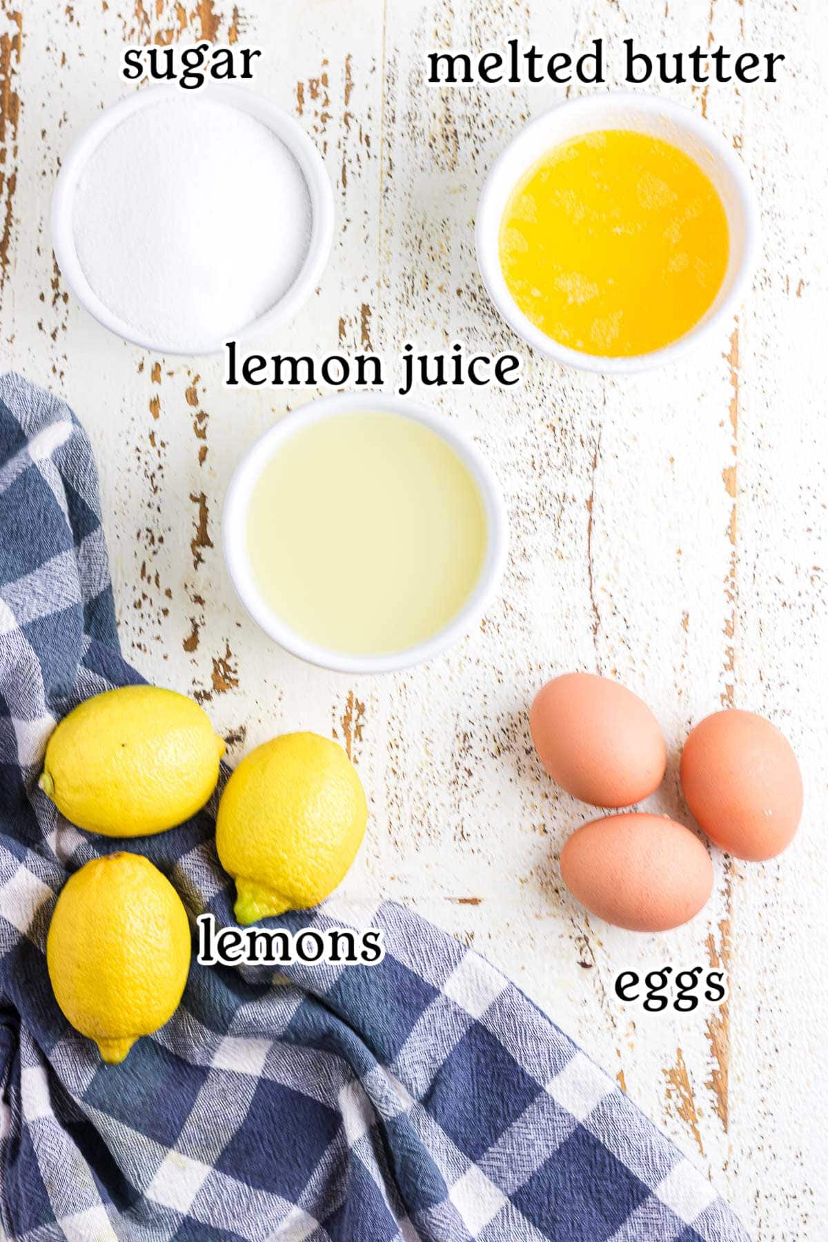 An overhead photo with text overlay of the ingredients needed for lemon curd.
