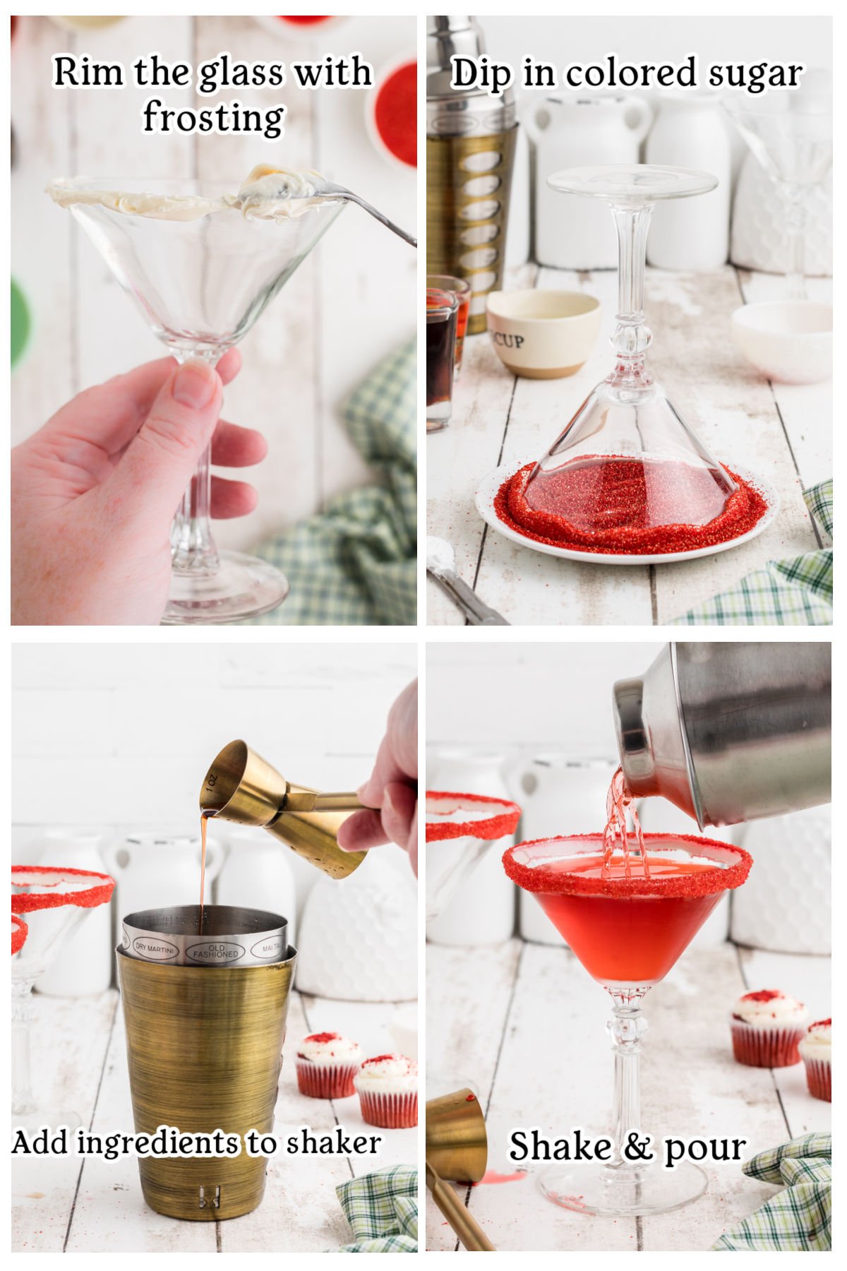 Four photos with text overlay depicting the main steps to make a red velvet martini.