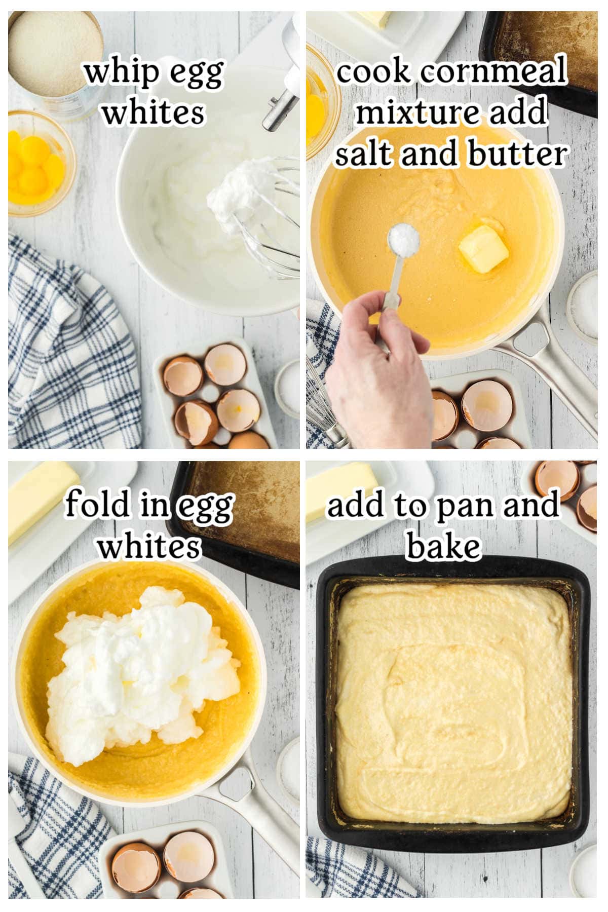Four overhead images with text overlay depicting the main recipe process steps.