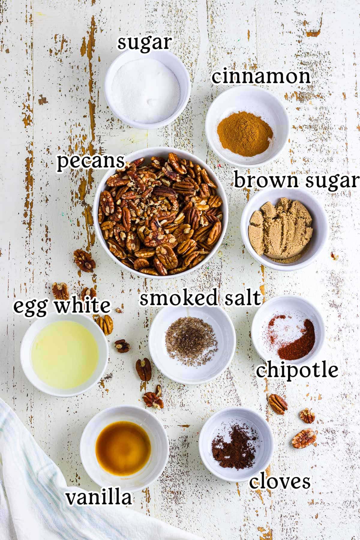 An overhead image (with text overlay) of the main recipe ingredients in small bowls.