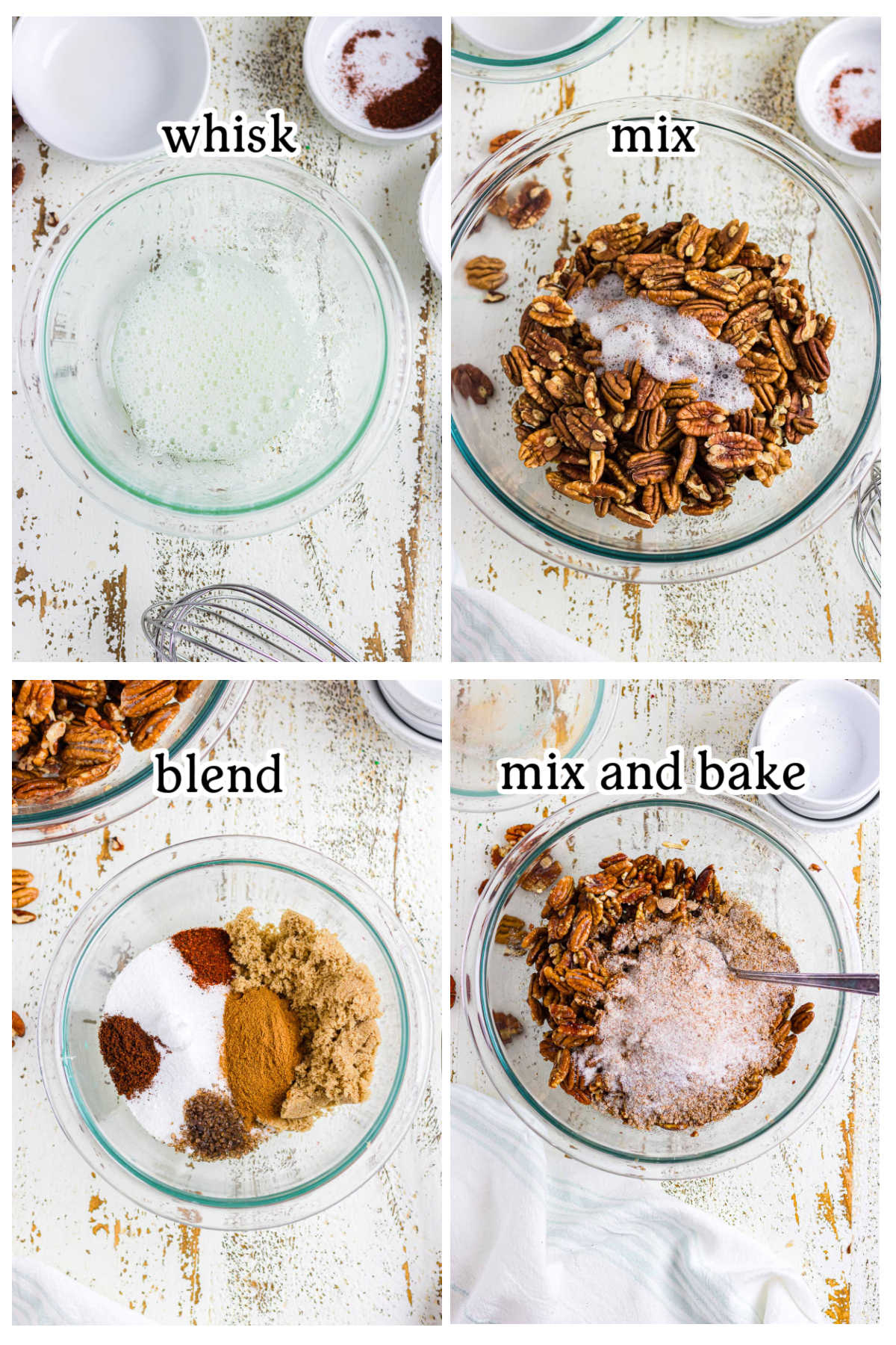 Four overhead images with text overlay, depicting various stages of the recipe, mixing and blending the nuts and seasoning in a glass bowl.