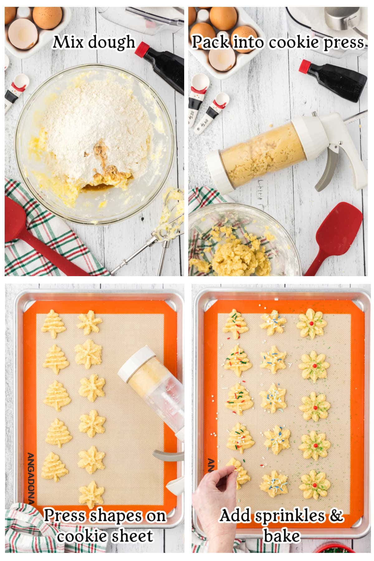 Four overhead images with text overlay depicting the main recipe steps.