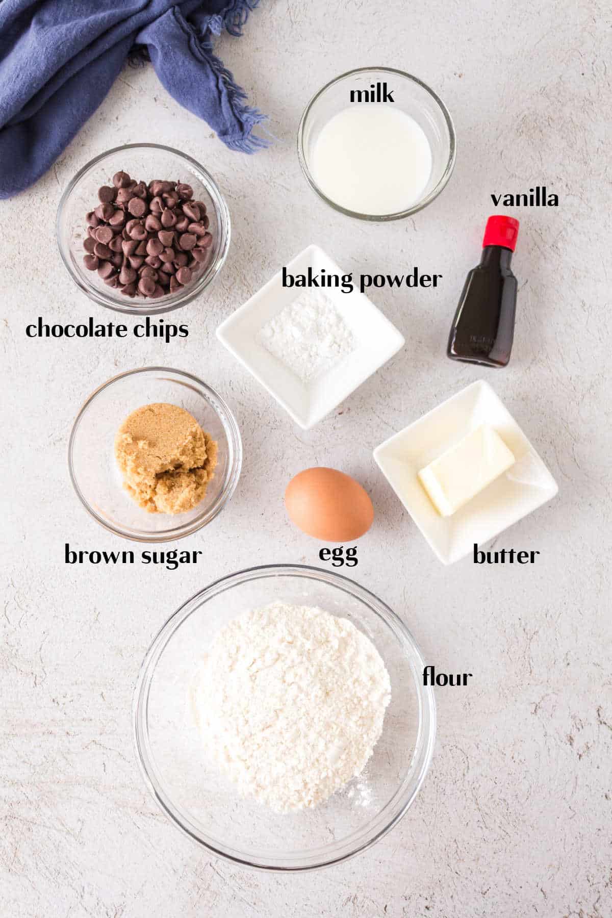 Labeled ingredients for air fryer chocolate muffins.