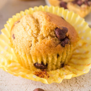 Closeup of an air fryer chocolate chip muffin.