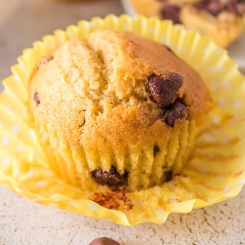 Closeup of an air fryer chocolate chip muffin.