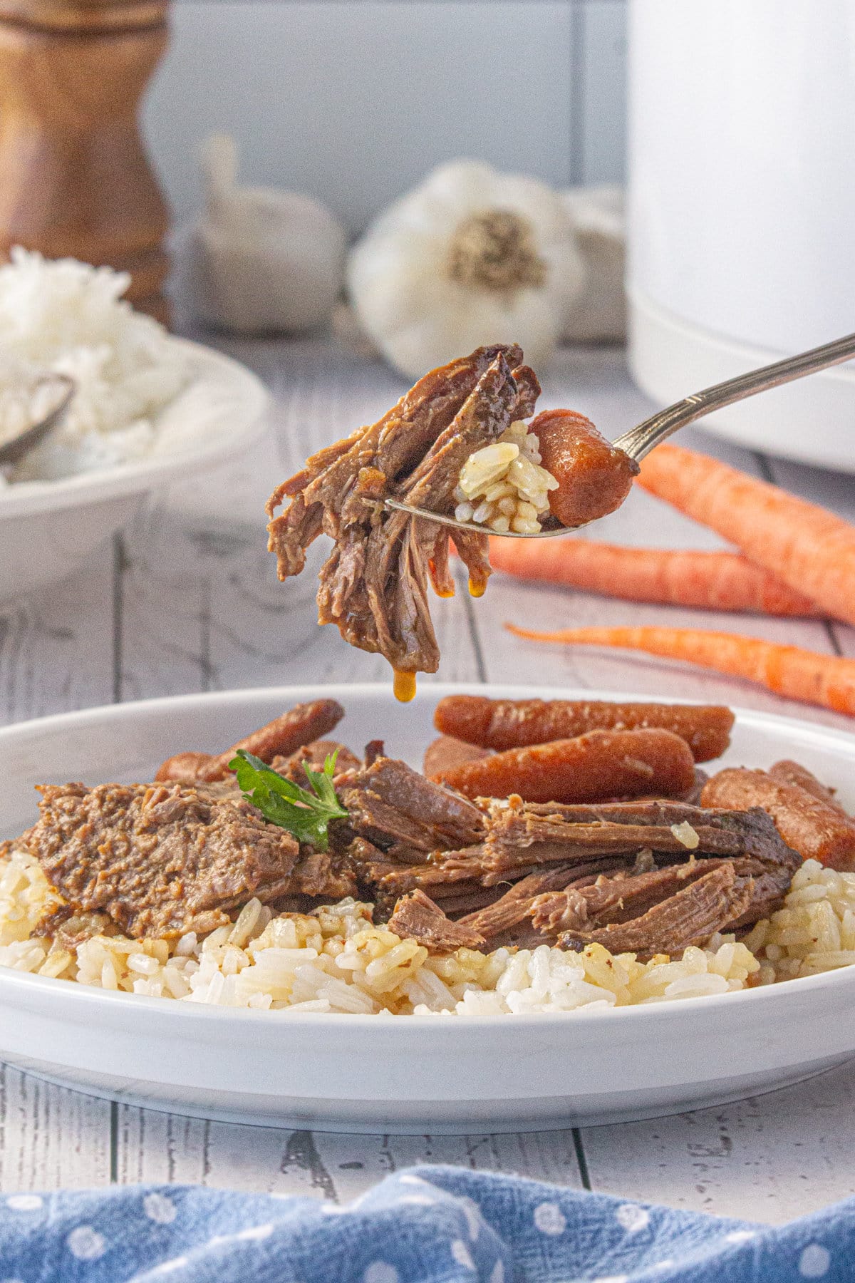 A plate full of rice, rump roast, and carrots, with a fork scooping up a bite.