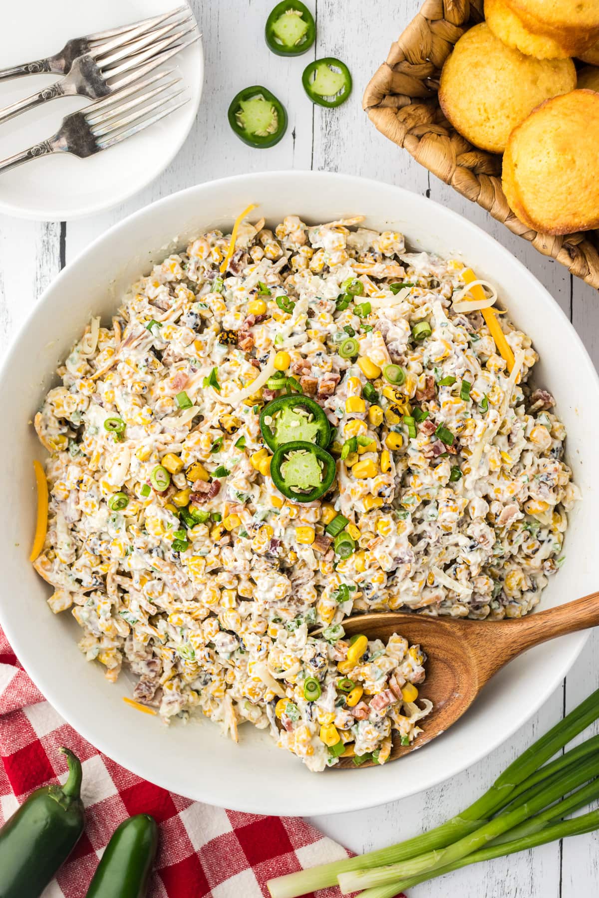 A large bowl of jalapeno popper corn salad.