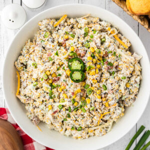 Overhead view of creamy Jalapeno Popper Corn Salad.