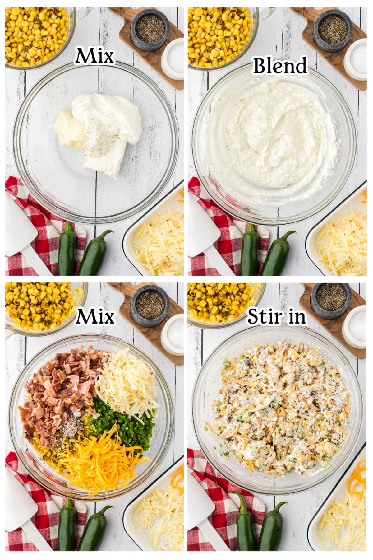 Four overhead images with text overlay depicting the main recipe instructions.