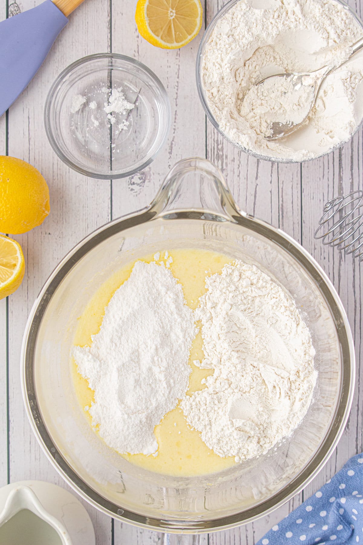 Dry ingredients are added to the beaten eggs and sugar.