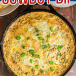 overhead view of cowboy dip with title text overlay for Pinterest.