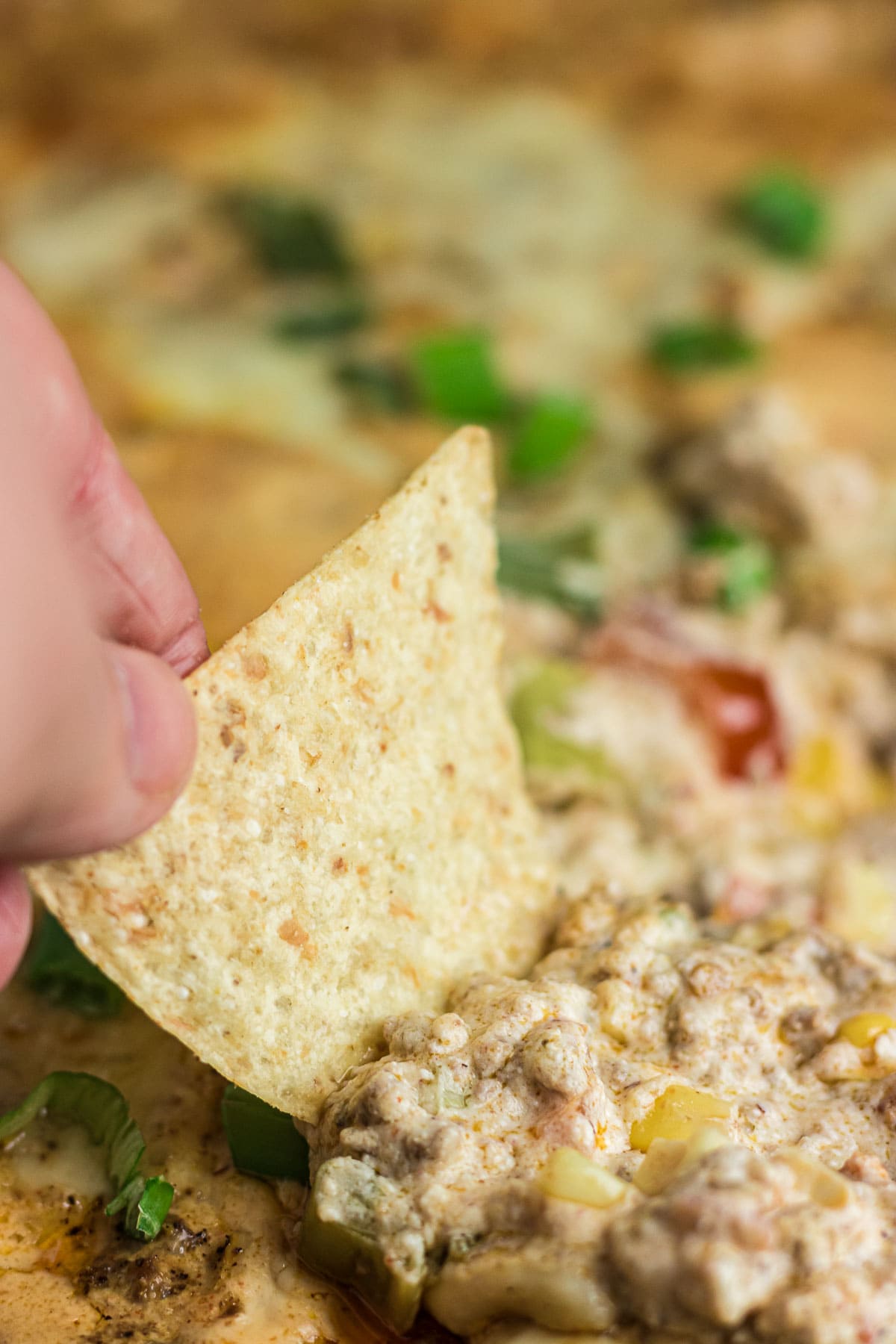 A tortilla chip being dipped into the cowboy dip.