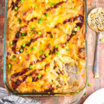 Overhead view of bbq brisket mac and cheese garnished with green onions.