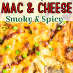 Closeup of bbq mac and cheese with a title text overlay for Pinterest.