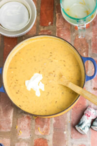 Add the sour cream into the soup.
