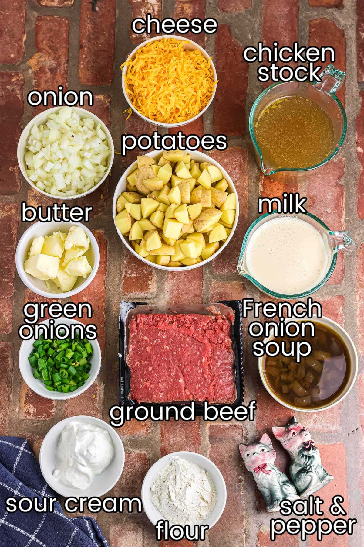 Labeled ingredients for cheeseburger soup.