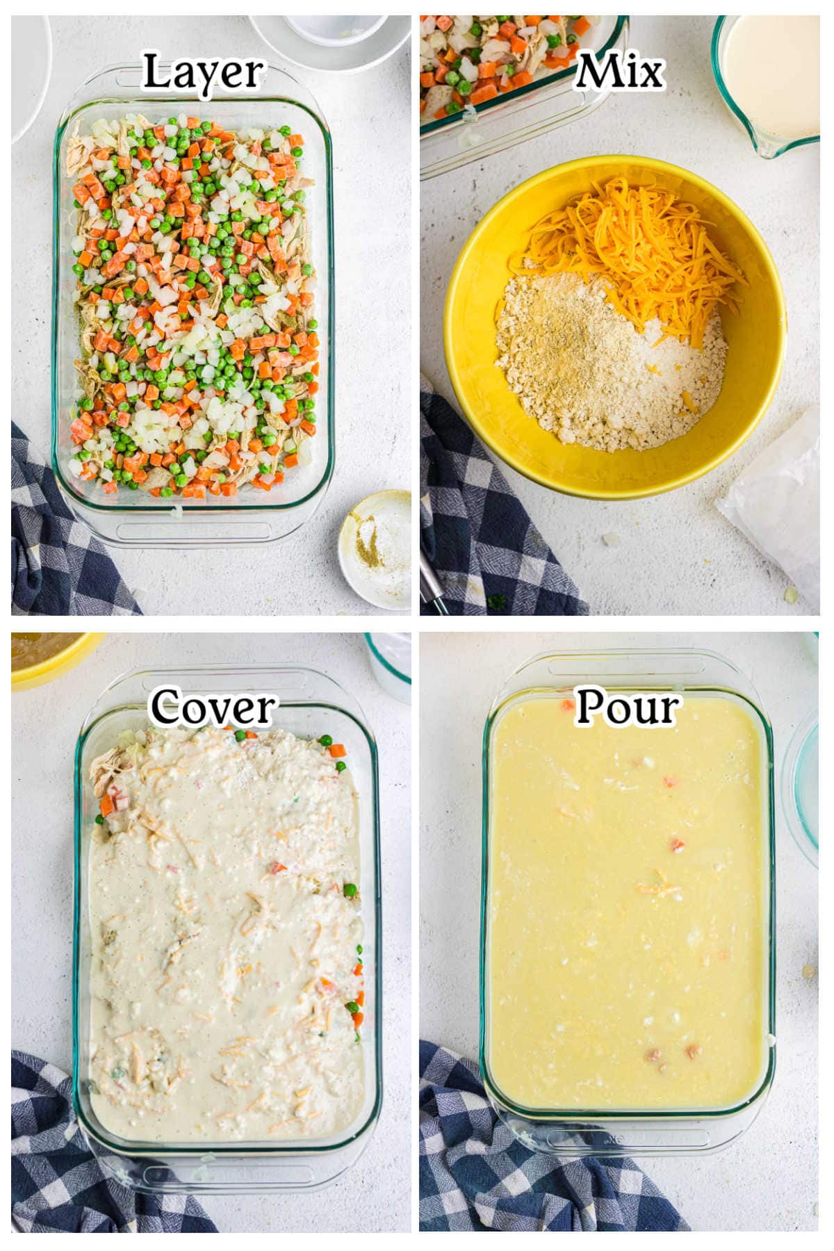 Four images in a grid with text overlay depicting the main recipe steps.